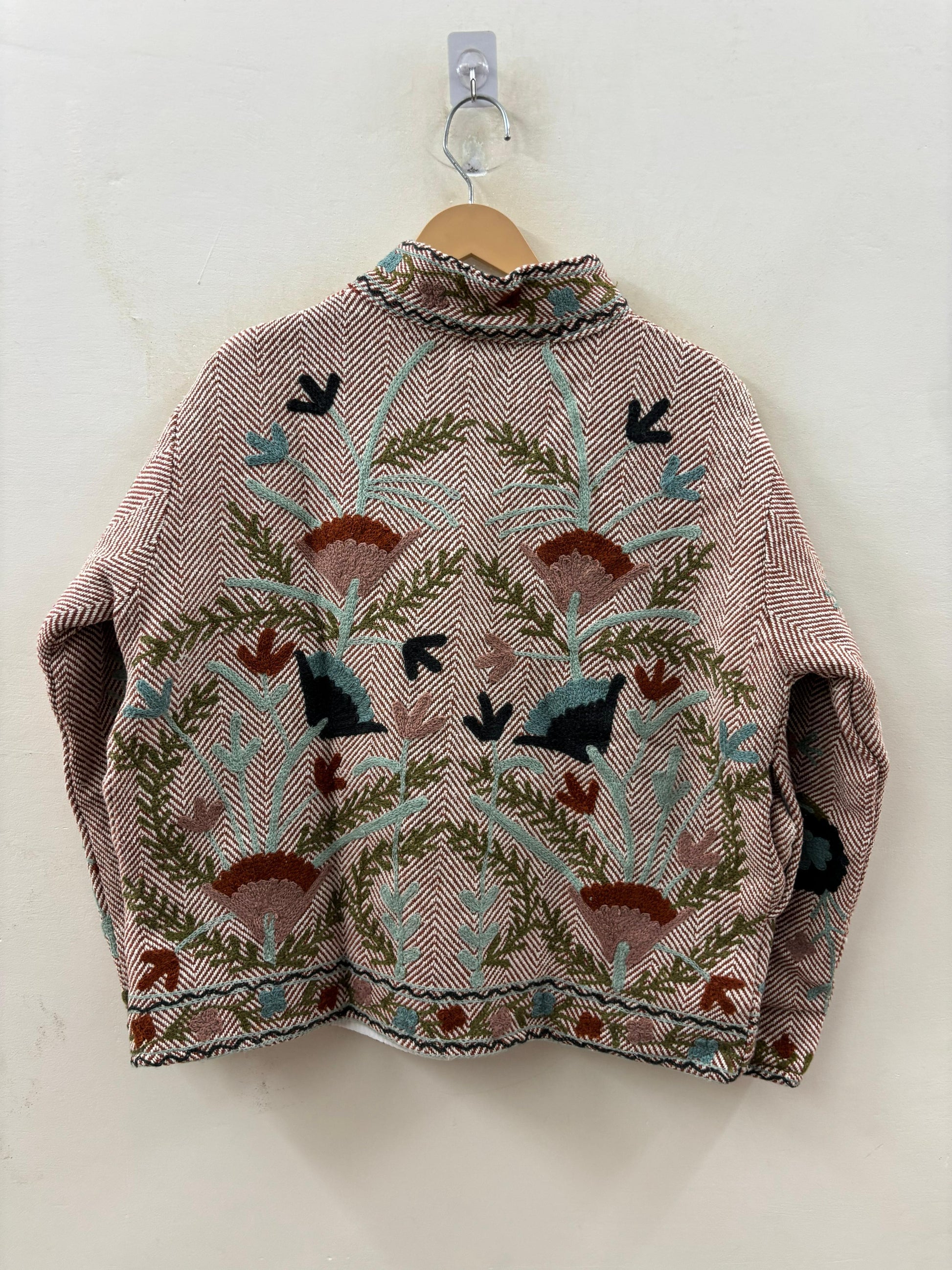 The Garden of Wandering Birds — Crewel Embroidered Herringbone Cotton Jacket — Dusty Rose & Ivory - Default Title - Zoshak Jacket