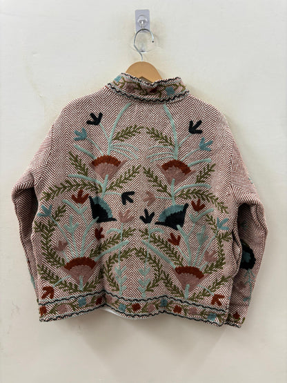 The Garden of Wandering Birds — Crewel Embroidered Herringbone Cotton Jacket — Dusty Rose & Ivory - Default Title - Zoshak Jacket