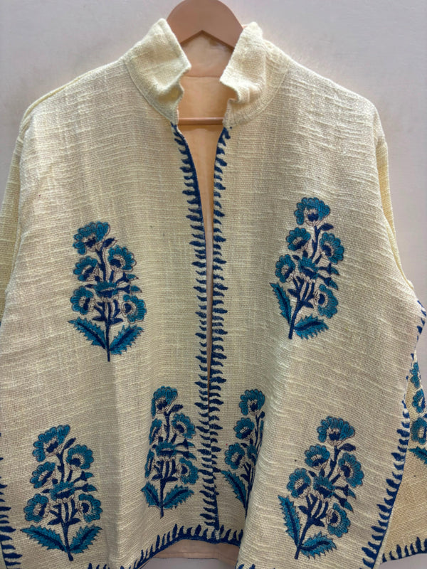 The Marigold Bagh — Suzani-Embroidered Handwoven Cotton Jacket — Ivory with Turquoise Blue