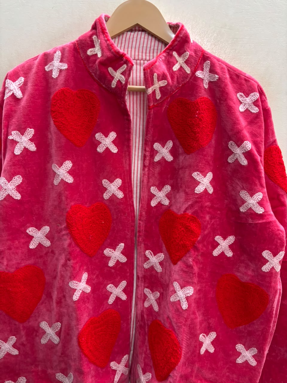 The Kissed Rose — Suzani Embroidered Velvet Jacket — Fuchsia Pink with Crimson Hearts