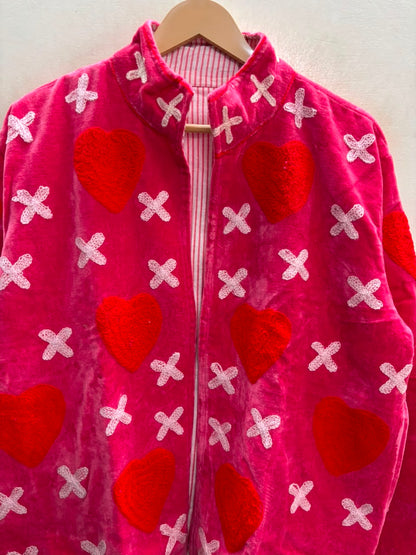 The Kissed Rose — Suzani Embroidered Velvet Jacket — Fuchsia Pink with Crimson Hearts