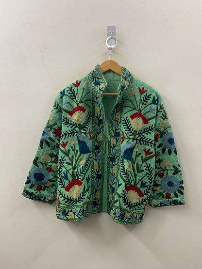 The Mint Garden — Crewel-Embroidered Cotton Jacket — Pistachio Green - Default Title - Zoshak Jacket