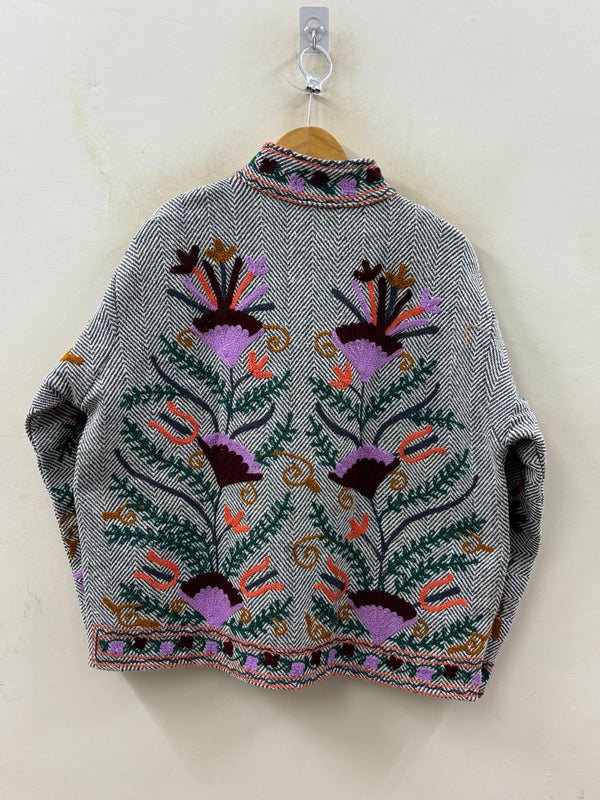 The Garden of Ferghana — Suzani-Inspired Hand-Embroidered Cotton Jacket — Ivory Herringbone - Default Title - Zoshak Jacket