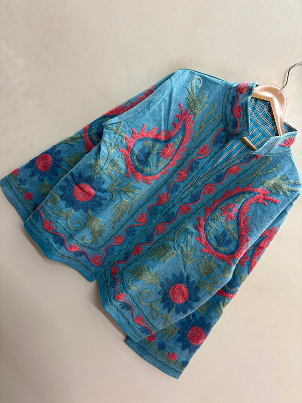 The Suzani Bloom — Suzani-Embroidered Cotton Jacket — Denim Blue with Coral & Sage Florals