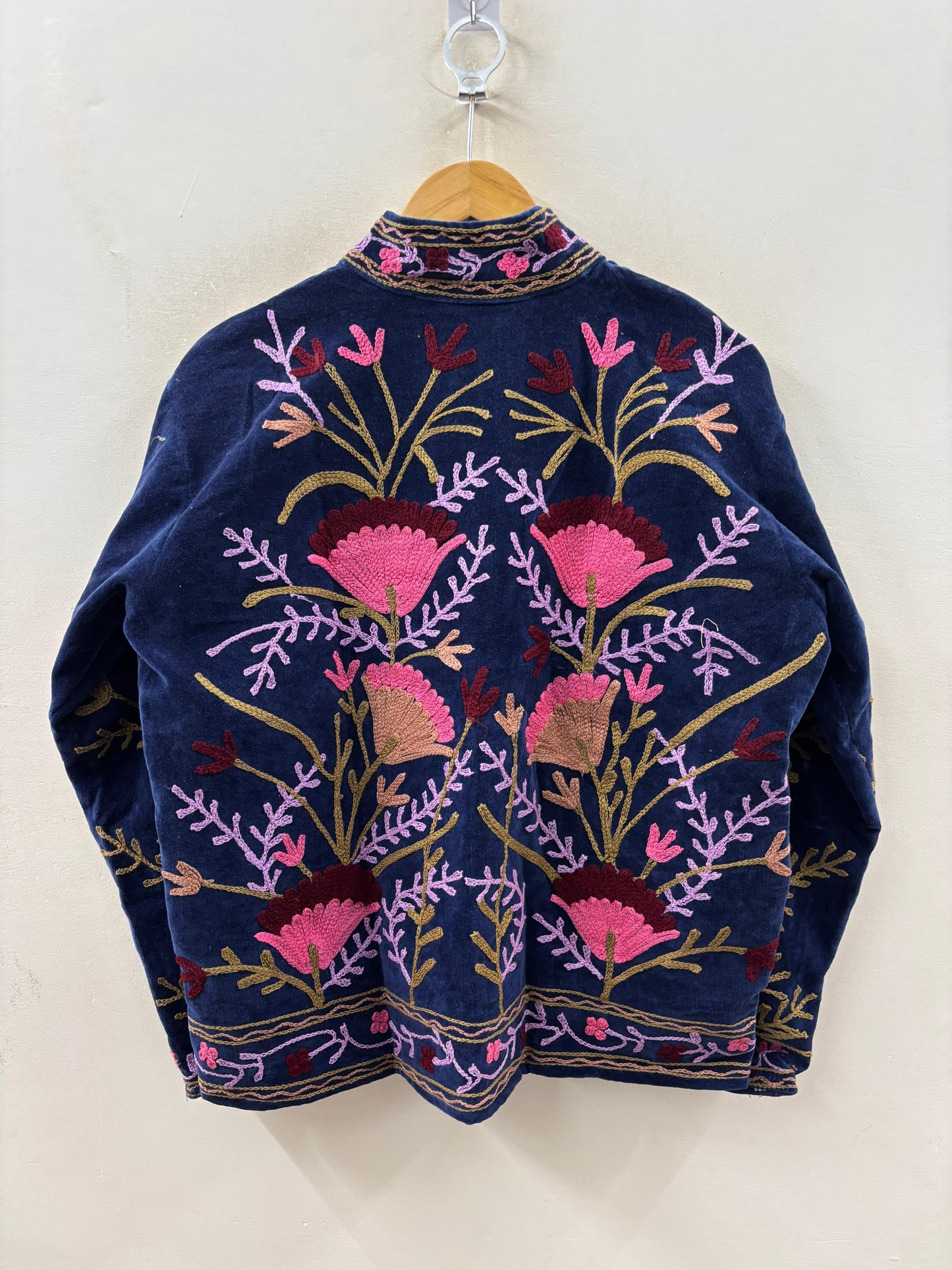 Suzani hand-embroidered midnight navy velvet jacket with tilla goldwork floral motifs, handcrafted by Jaipur artisans | Zoshak