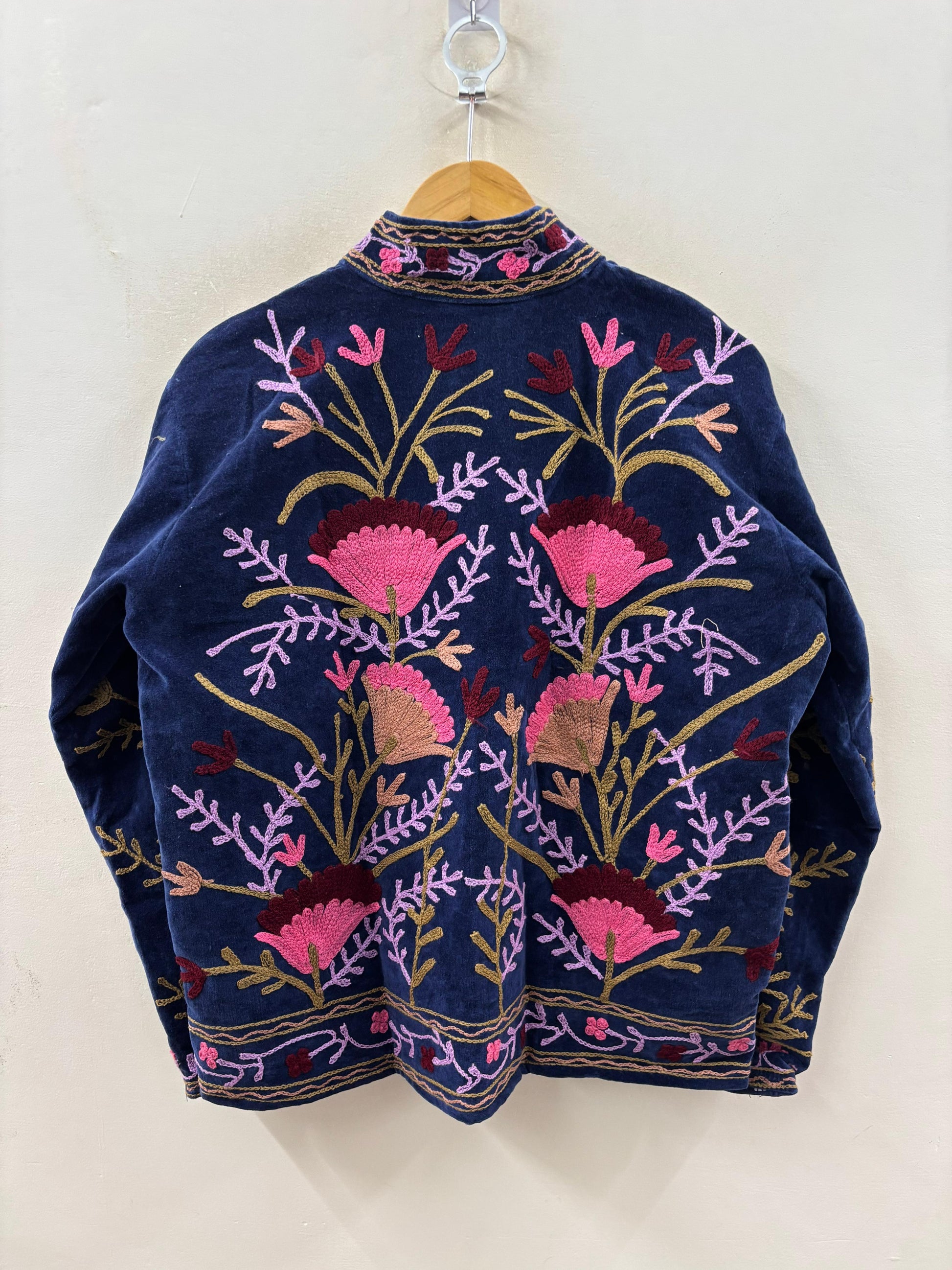 Suzani hand-embroidered midnight navy velvet jacket with tilla goldwork floral motifs, handcrafted by Jaipur artisans | Zoshak