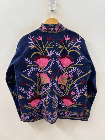 Suzani hand-embroidered midnight navy velvet jacket with tilla goldwork floral motifs, handcrafted by Jaipur artisans | Zoshak