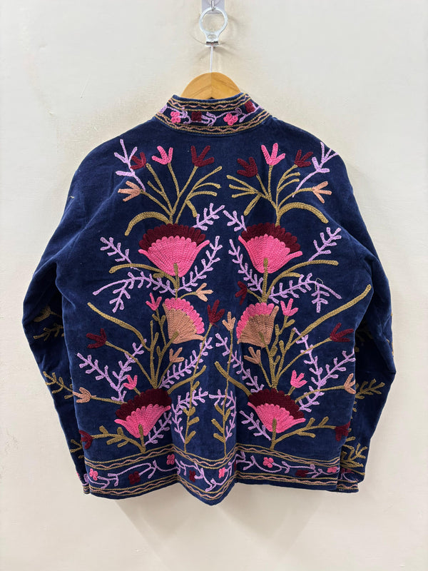 Suzani hand-embroidered midnight navy velvet jacket with tilla goldwork floral motifs, handcrafted by Jaipur artisans | Zoshak