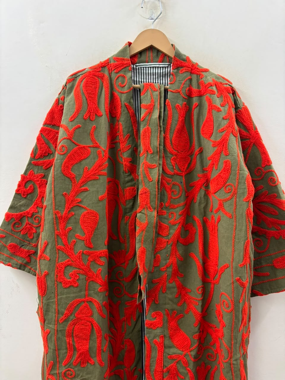 The Samarkand Sun — Suzani Embroidered Cotton Kimono — Olive & Vermillion