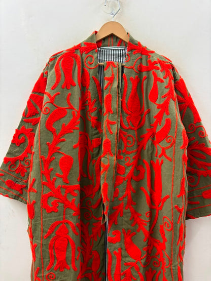 The Samarkand Sun — Suzani Embroidered Cotton Kimono — Olive & Vermillion