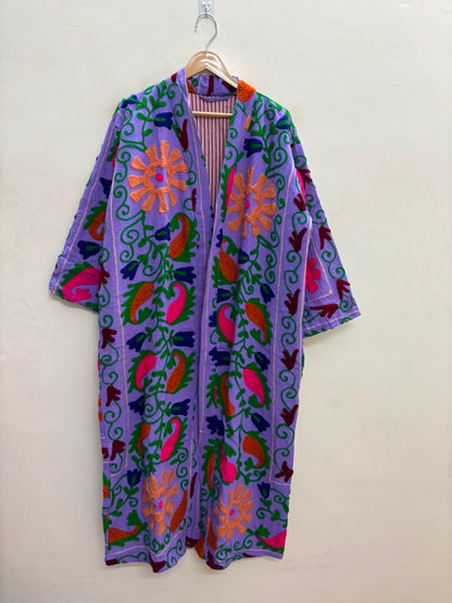 The Lavender Bagh — Suzani Hand-Embroidered Cotton Long Jacket — Lilac with Marigold & Fuchsia Florals