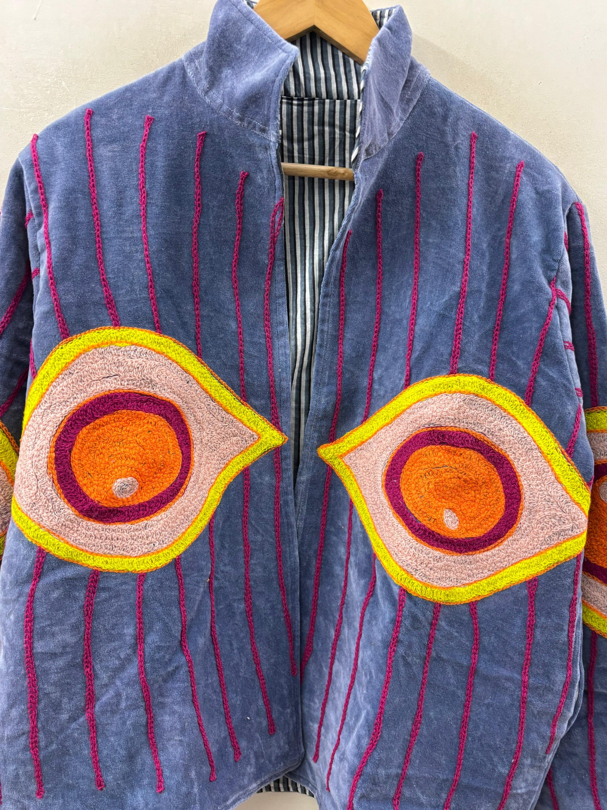 The Awakened Eye — Suzani Hand-Embroidered Velvet Jacket — Slate Blue with Saffron & Magenta - Default Title - Zoshak Jacket