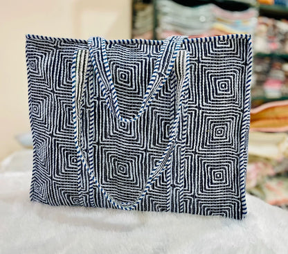 The Jaipur Tote - Indigo Geometric Tote - Zoshak Hand-Block Print · Cotton Quilted