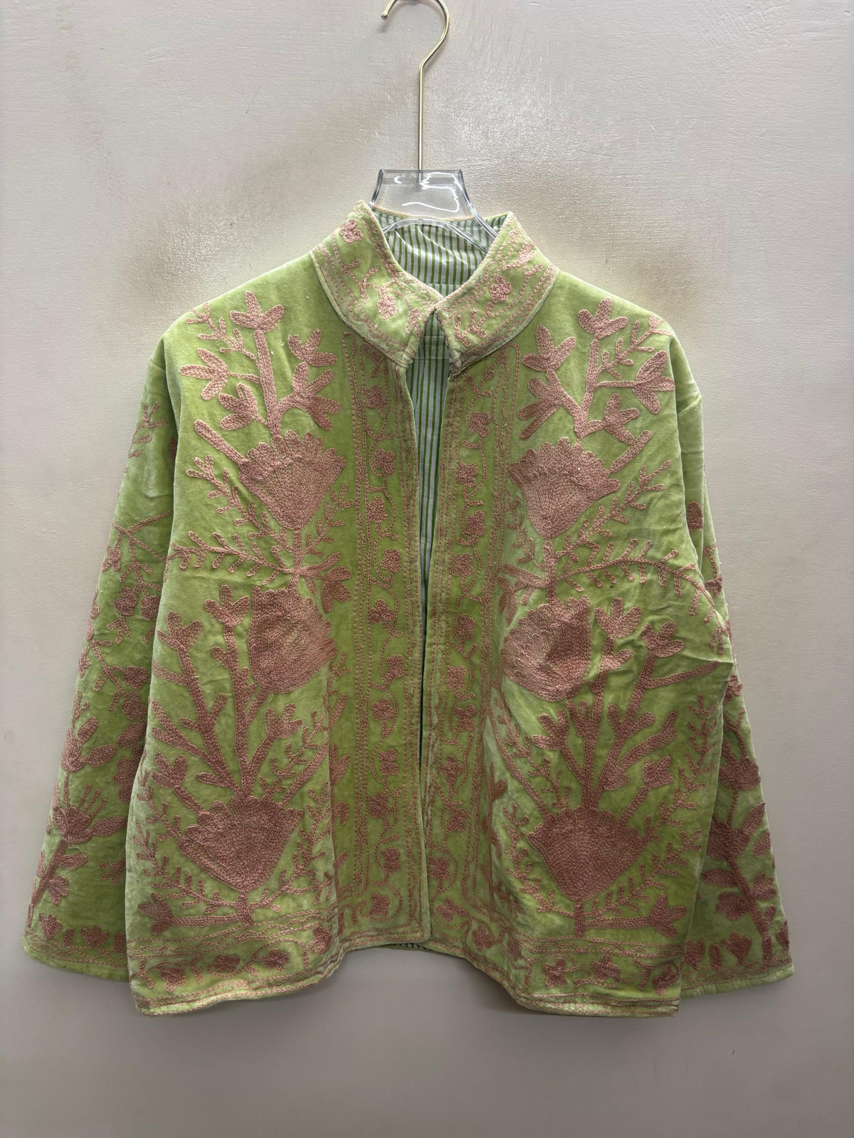 The Pista Bostan — Suzani Hand-Embroidered Velvet Jacket — Pistachio Green with Dusty Rose Florals