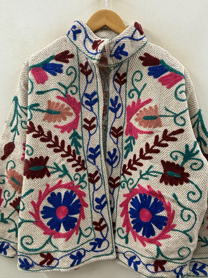 The Garden Mandala — Suzani-Embroidered Cotton Jacket — Ivory Herringbone - Default Title - Zoshak Jacket