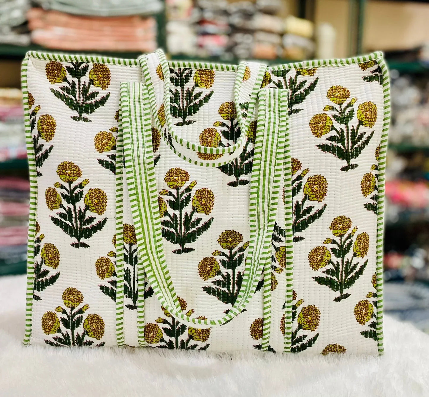 The Jaipur Tote - Marigold Flower Tote - Zoshak Hand-Block Print · Cotton Quilted