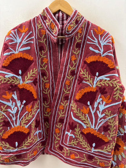 The Poppy Garden — Suzani Hand-Embroidered Velvet Jacket — Antique Rose & Marigold - Default Title - Zoshak Jacket