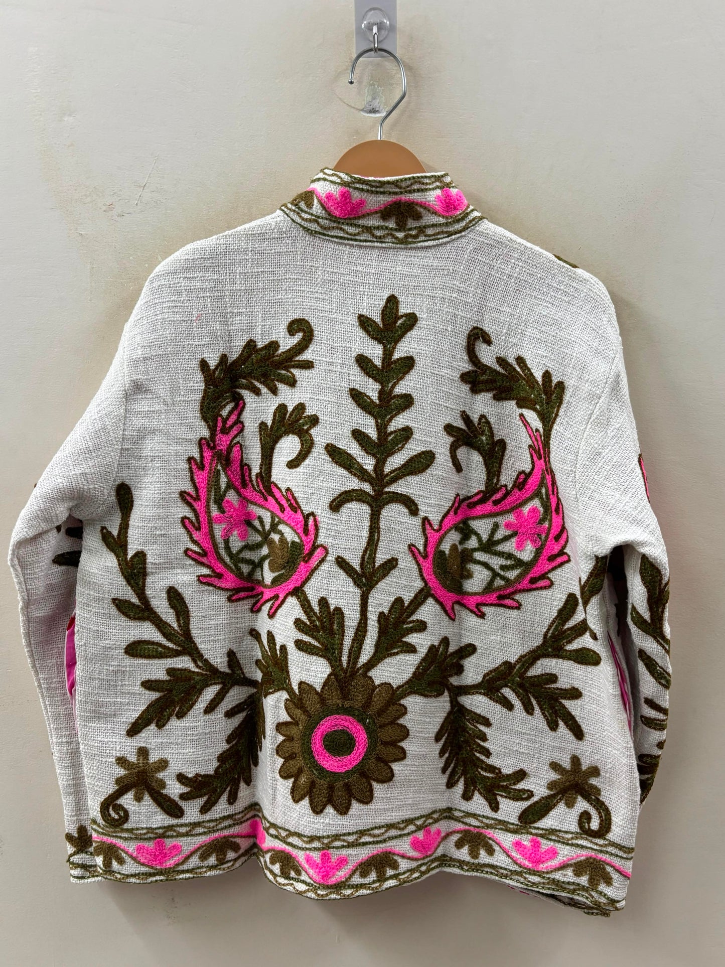 The Zafira — Hand-Embroidered Suzani Cotton Jacket — Ivory with Olive & Fuchsia Bloom