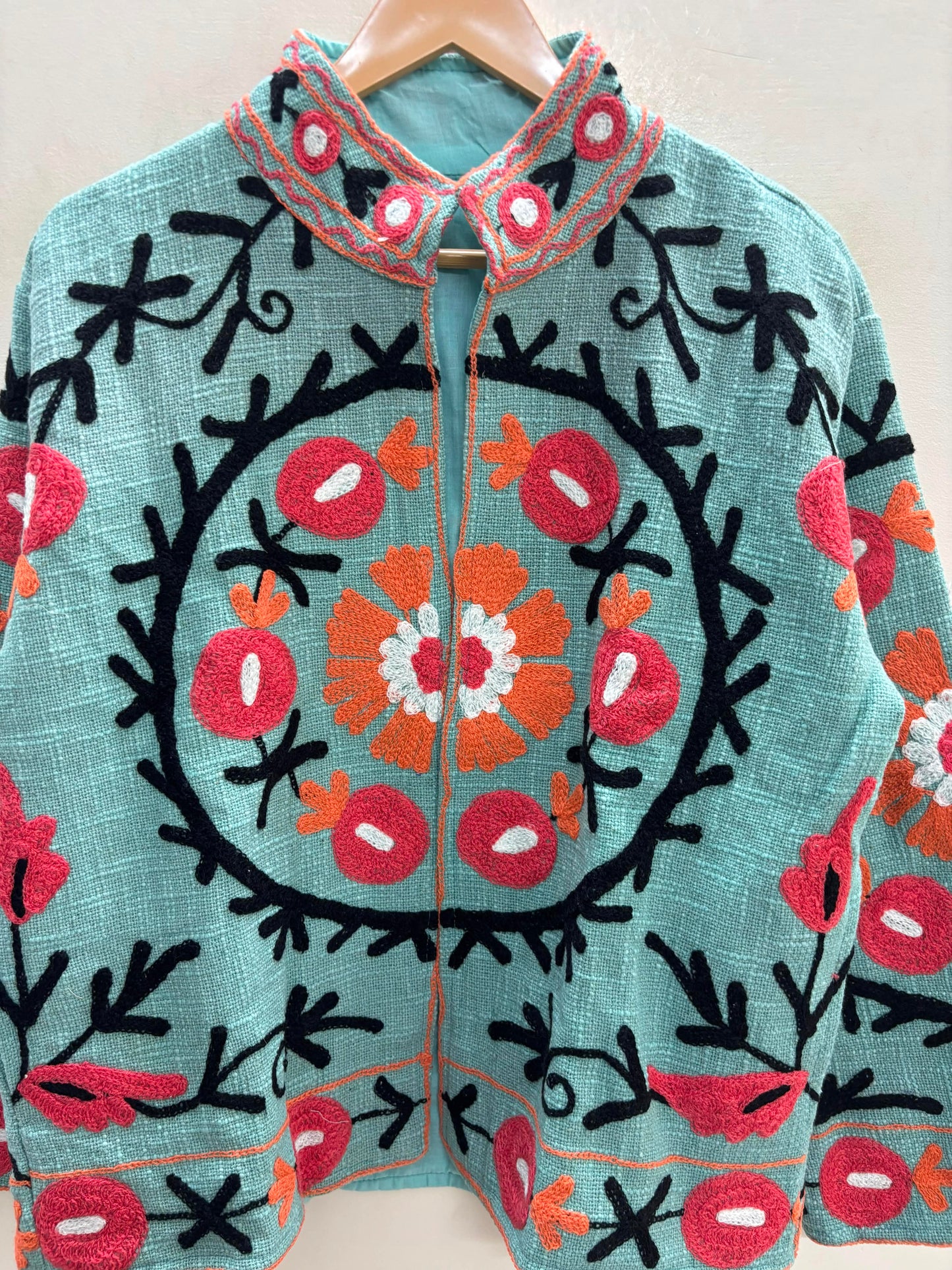 The Samarkand Bloom — Suzani Hand-Embroidered Cotton Jacket — Sage Green with Coral Pomegranates