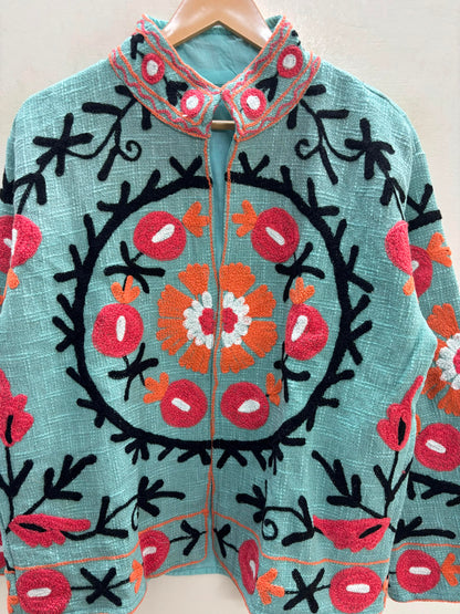 The Samarkand Bloom — Suzani Hand-Embroidered Cotton Jacket — Sage Green with Coral Pomegranates