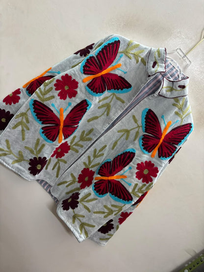 The Titli Chandni — Suzani Hand-Embroidered Velvet Jacket — Ice Grey with Crimson Butterflies & Ruby Florals