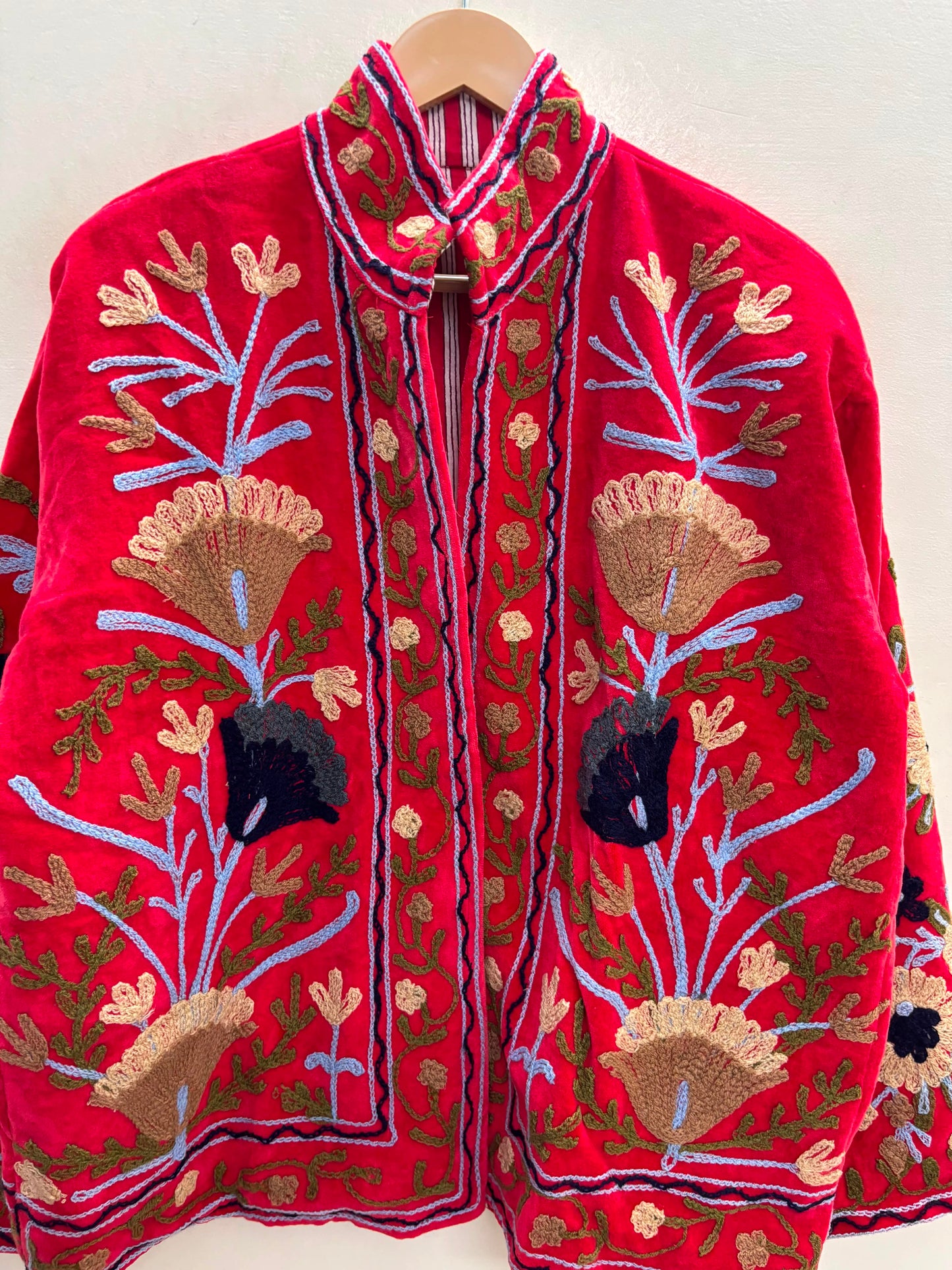 The Anaar Bloom — Suzani Embroidered Velvet Jacket — Crimson Red with Sage & Sand Florals