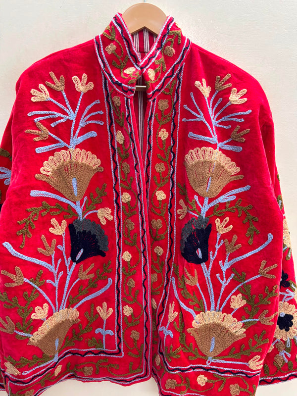 The Anaar Bloom — Suzani Embroidered Velvet Jacket — Crimson Red with Sage & Sand Florals