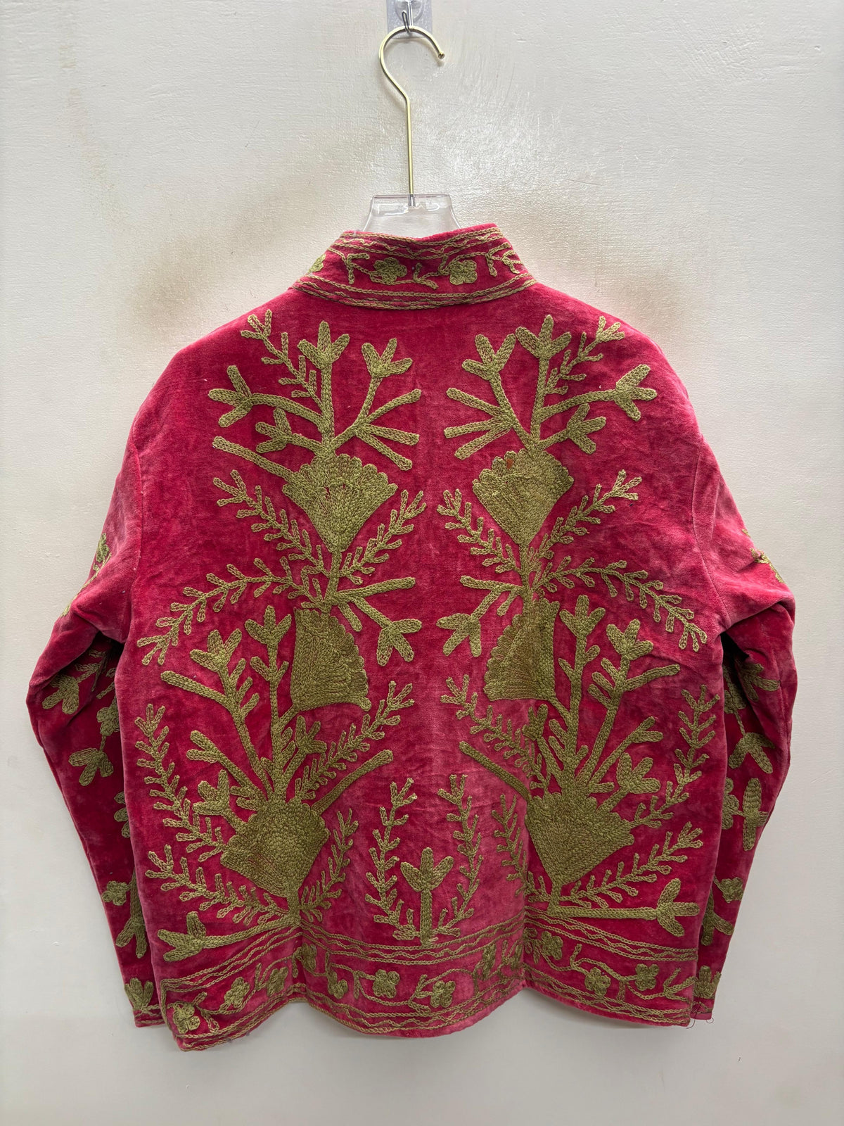 The Anarkali Vine — Suzani Hand-Embroidered Velvet Jacket — Rani Pink with Olive Gold Pomegranates
