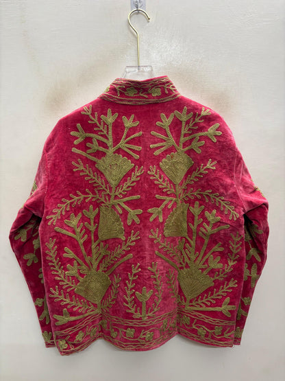 The Anarkali Vine — Suzani Hand-Embroidered Velvet Jacket — Rani Pink with Olive Gold Pomegranates