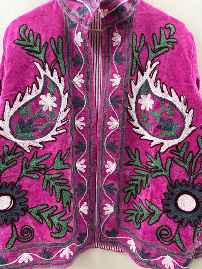 The Pomegranate Garden — Suzani Hand-Embroidered Velvet Jacket | Fuchsia Magenta