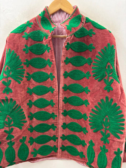 The Crimson Garden — Suzani Chain-Stitch Velvet Jacket — Madder Red & Forest Green