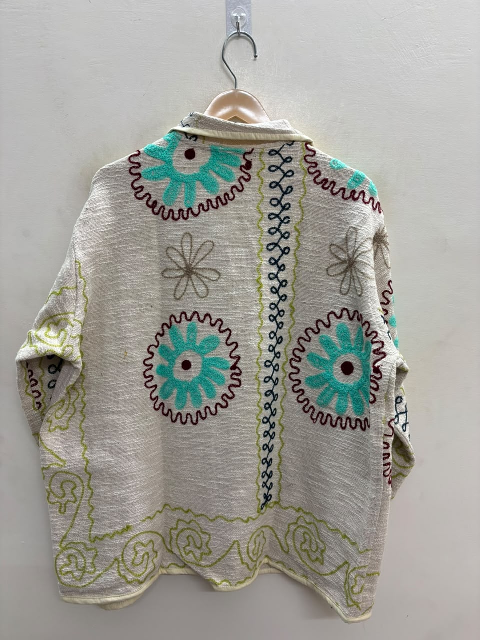 The Marigold Suzani — Hand-Embroidered Cotton Jacket — Ivory with Turquoise & Wine