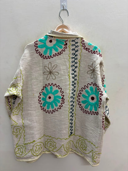 The Marigold Suzani — Hand-Embroidered Cotton Jacket — Ivory with Turquoise & Wine