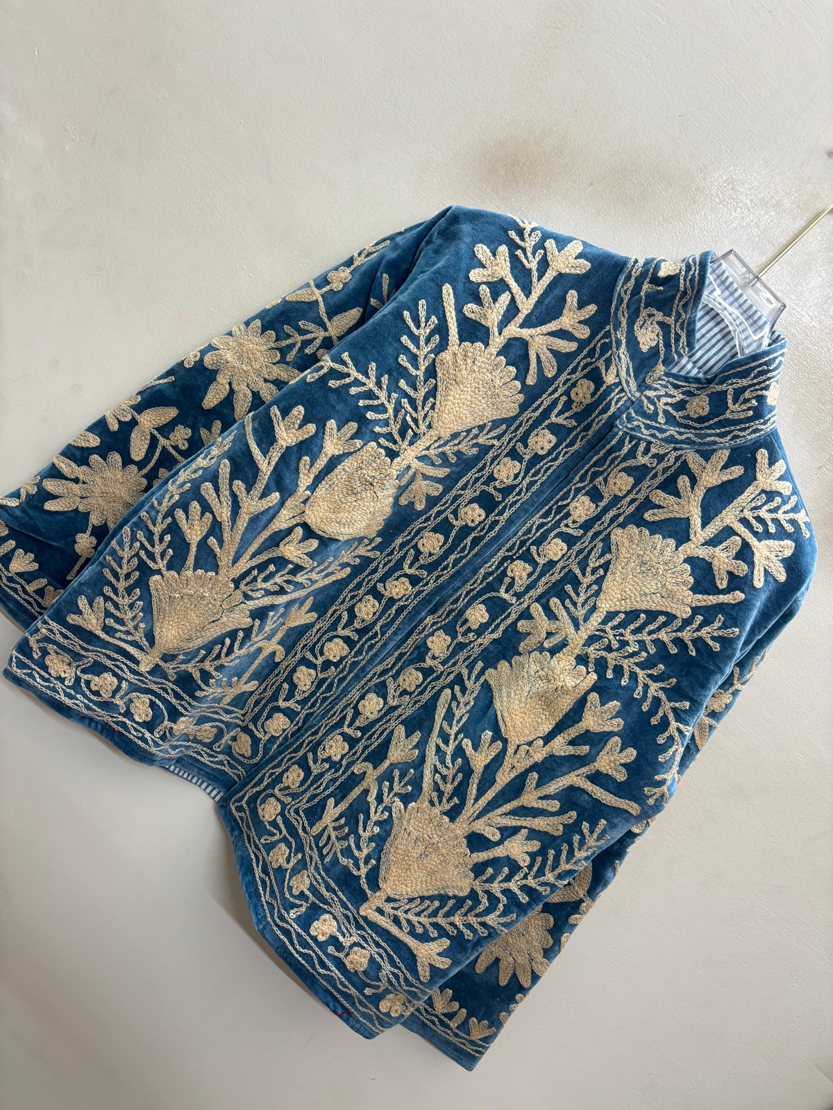 The Tulip Steppe — Suzani Hand-Embroidered Velvet Jacket — Steel Blue with Ivory Tulip Blooms