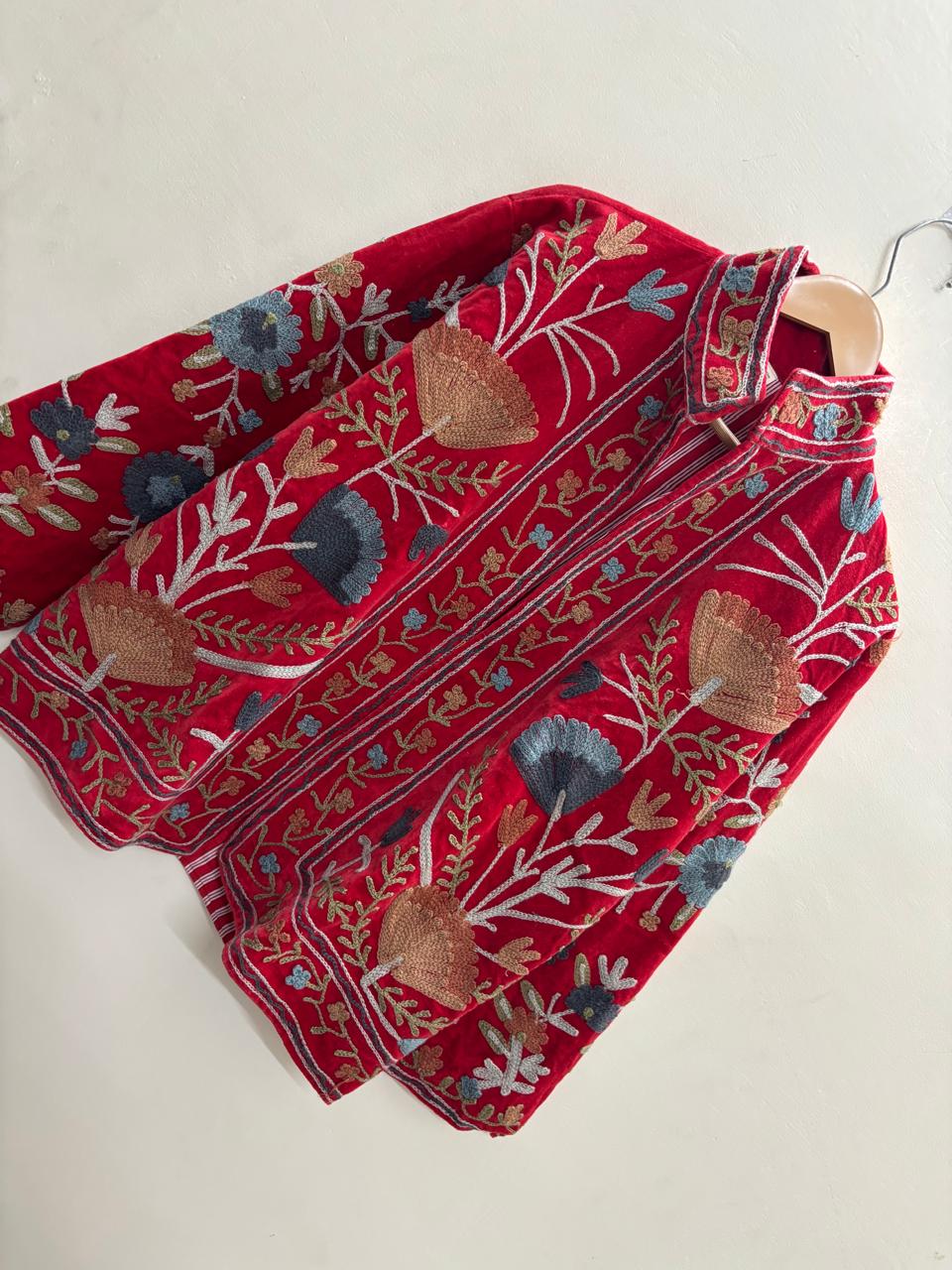 The Gulbagh — Suzani Chain-Stitch Velvet Jacket — Crimson Red