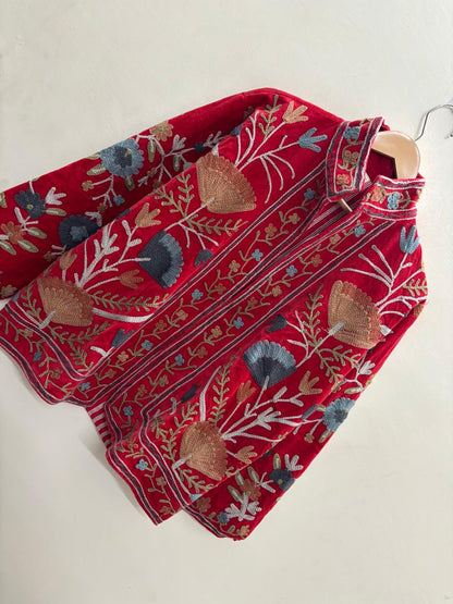 The Gulbagh — Suzani Chain-Stitch Velvet Jacket — Crimson Red