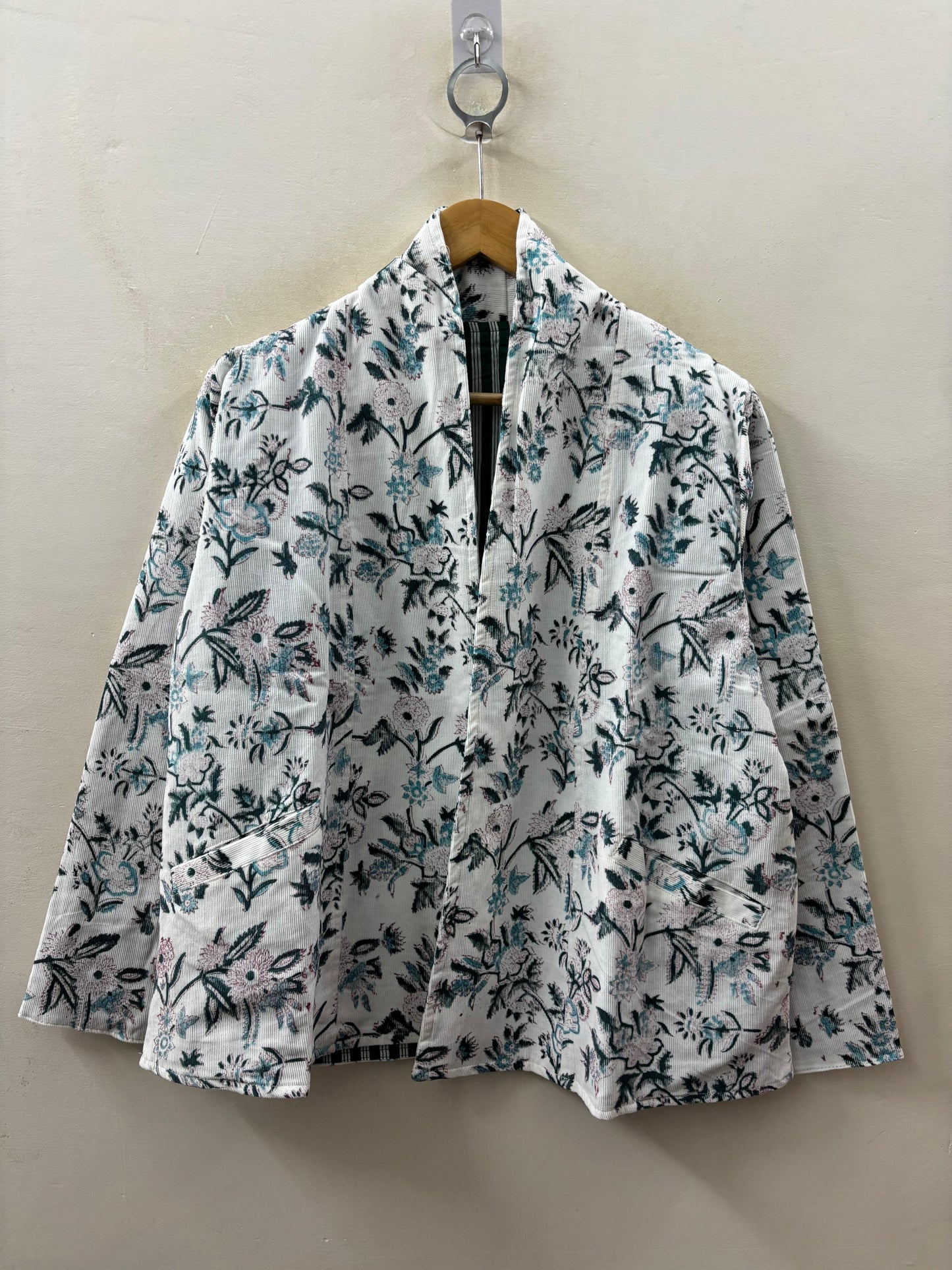 The Wildflower Reverie — Hand-print Corduroy Jacket — Ivory with Black & Teal Florals - Default Title - Zoshak Jacket