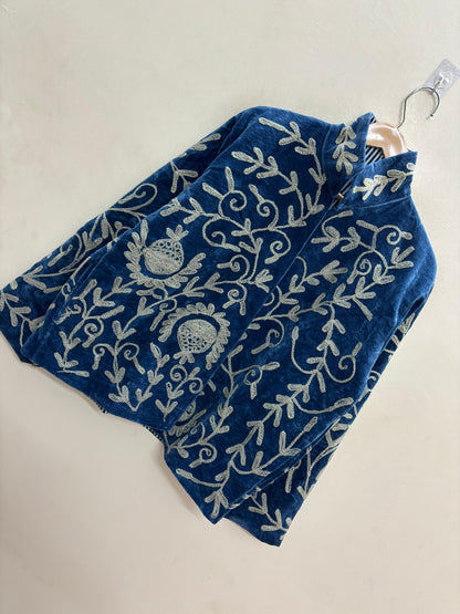 The Anar Bagh — Suzani-Embroidered Velvet Jacket — Peacock Teal with Ivory Vinework
