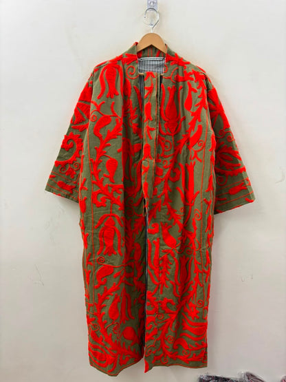 The Samarkand Sun — Suzani Embroidered Cotton Kimono — Olive & Vermillion