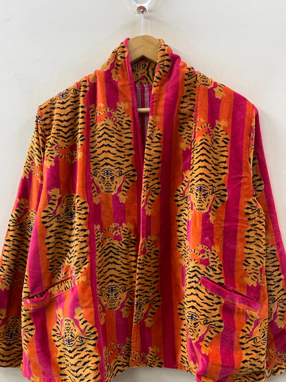 The Tiger Durbar — Velvet Printed Jacket — Saffron, Crimson & Magenta Stripe - Default Title - Zoshak Jacket