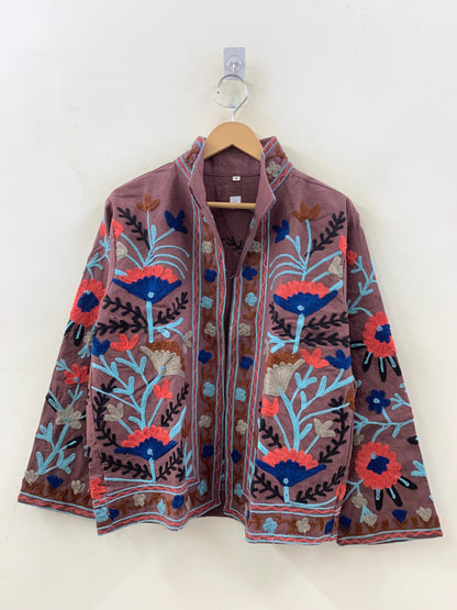 The Wildflower Dusk — Suzani-Inspired Hand-Embroidered Cotton Jacket — Mauve Brown - Default Title - Zoshak Jacket