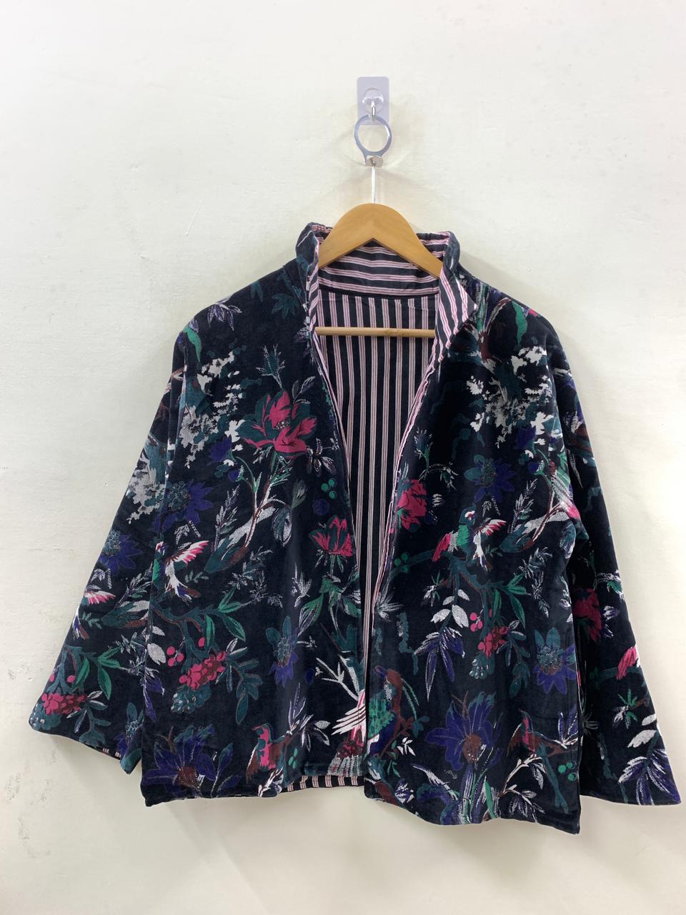 The Midnight Garden — Printed Velvet Jacket — Ink Navy with Botanical Birds - Default Title - Zoshak Jacket