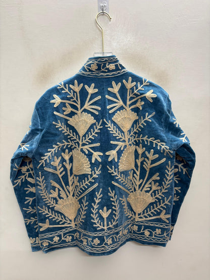 The Tulip Steppe — Suzani Hand-Embroidered Velvet Jacket — Steel Blue with Ivory Tulip Blooms