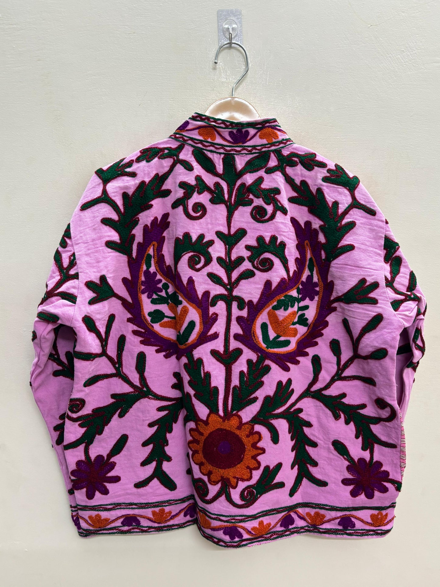 The Orchid Bostan — Suzani Embroidered Cotton Jacket — Pink with Paisley & Sunflower Motifs
