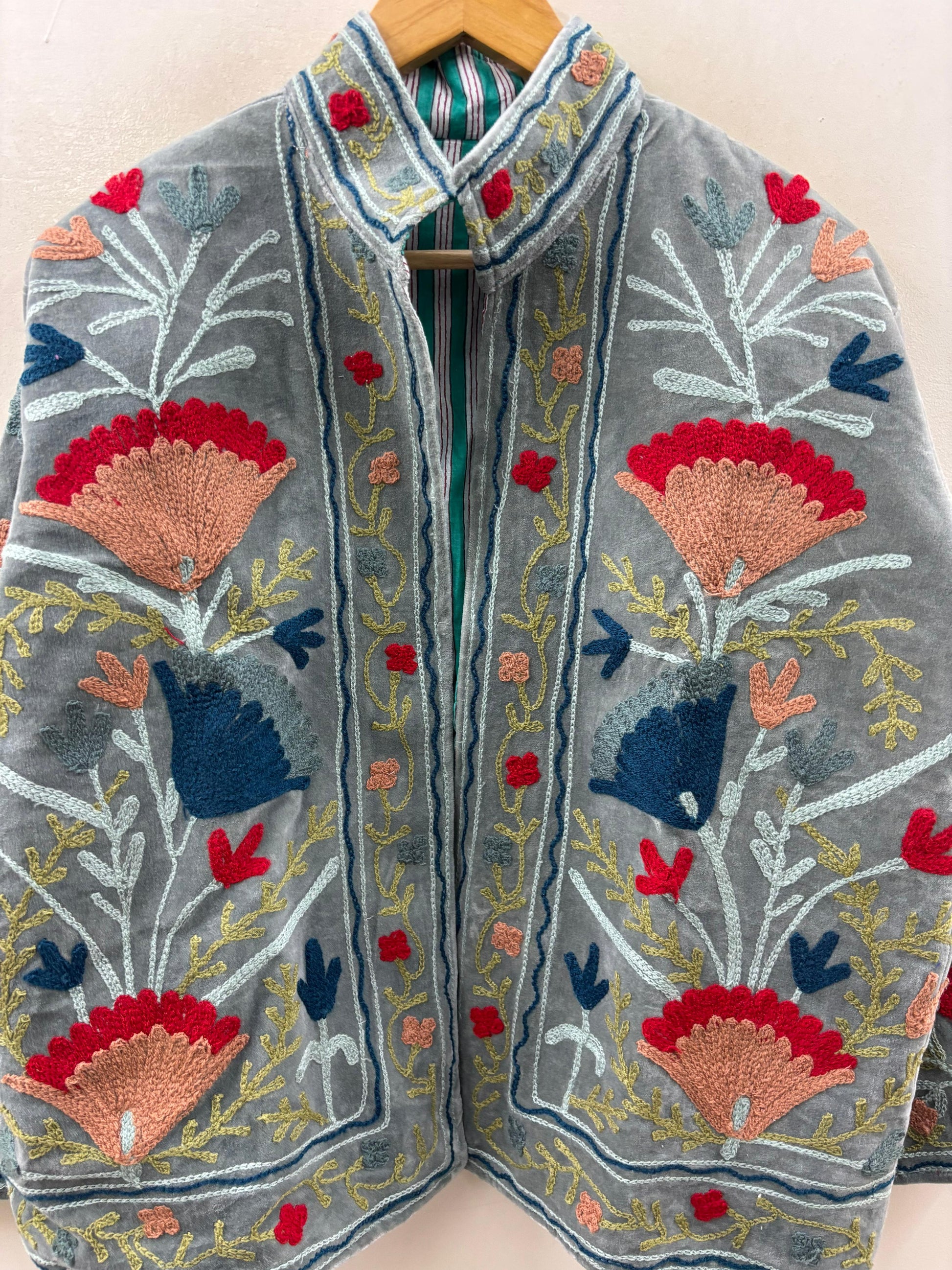 The Buzkashi Garden — Suzani Hand-Embroidered Velvet Jacket — Slate Blue - Default Title - Zoshak Jacket