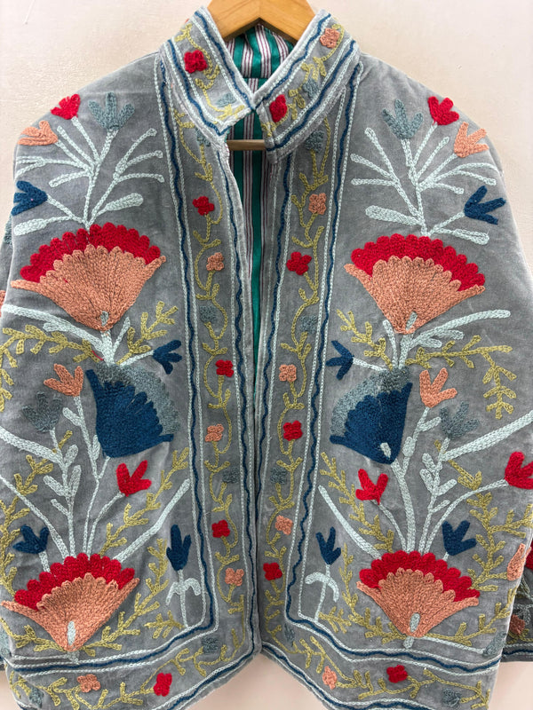 The Buzkashi Garden — Suzani Hand-Embroidered Velvet Jacket — Slate Blue - Default Title - Zoshak Jacket