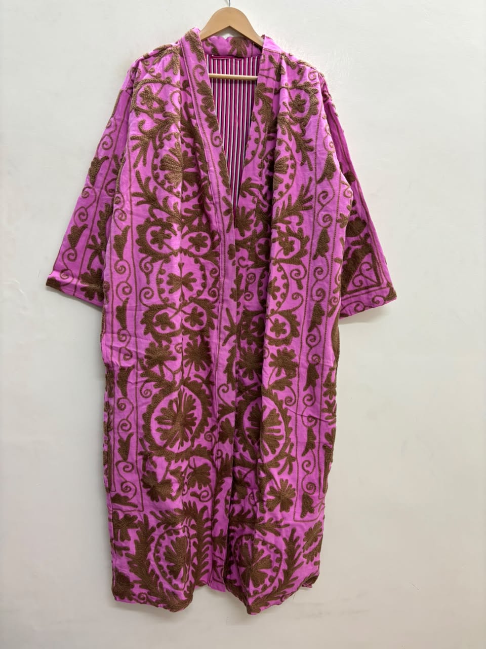 The Orchid Vine — Suzani Embroidered Cotton Jacket — Fuchsia Pink & Umber Brown