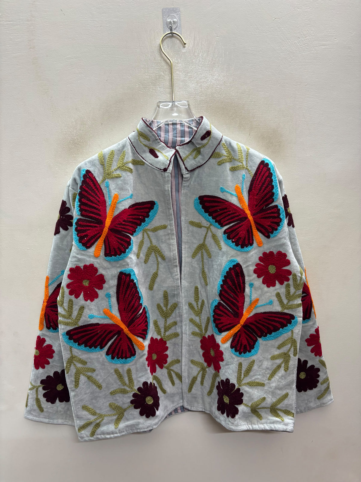 The Titli Chandni — Suzani Hand-Embroidered Velvet Jacket — Ice Grey with Crimson Butterflies & Ruby Florals