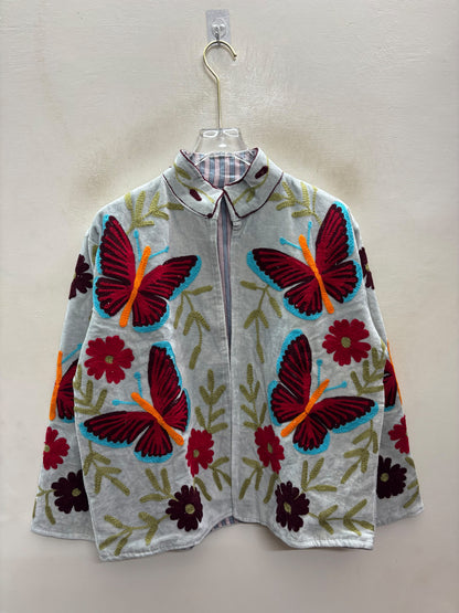 The Titli Chandni — Suzani Hand-Embroidered Velvet Jacket — Ice Grey with Crimson Butterflies & Ruby Florals