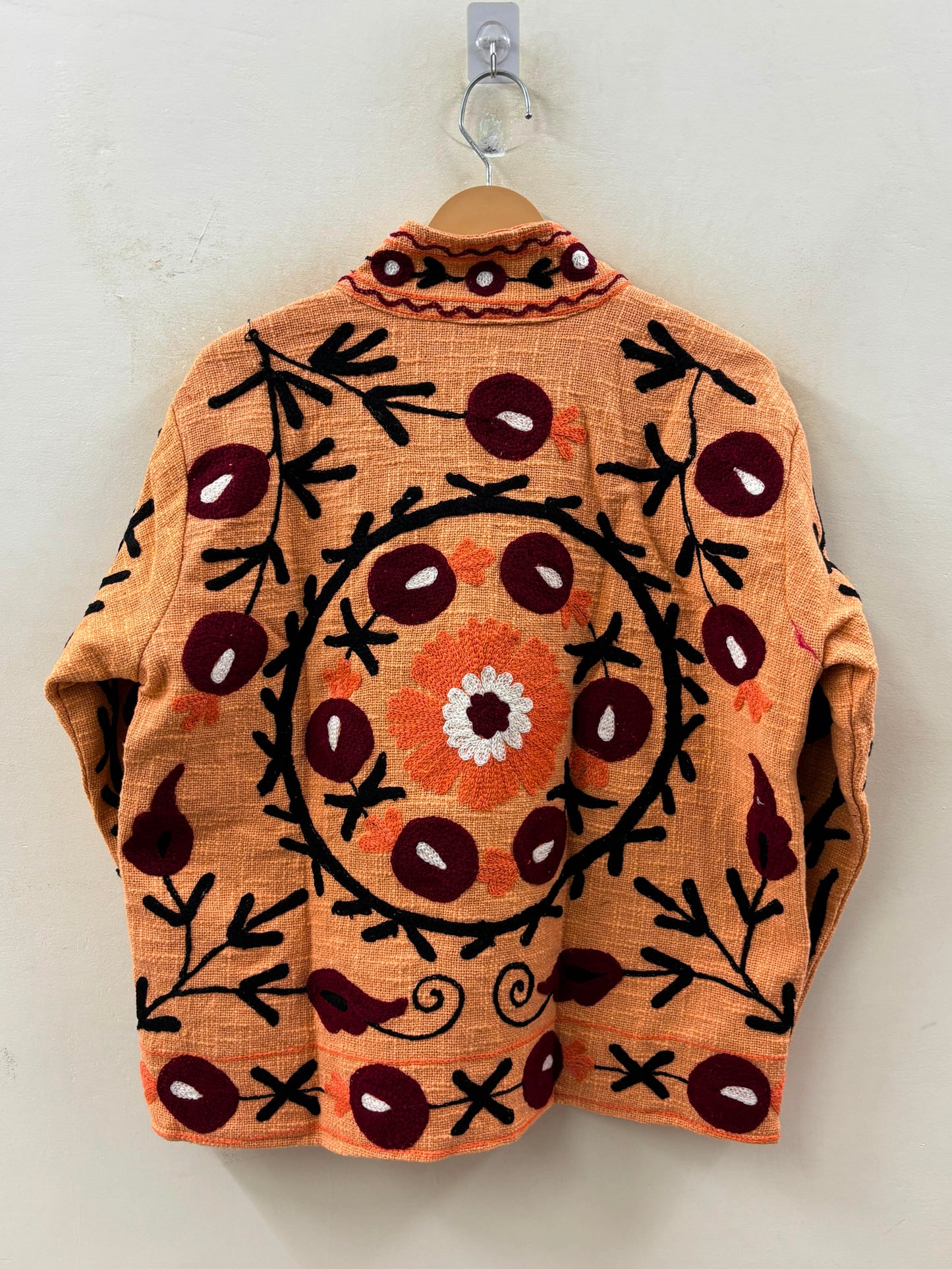 The Marigold Suzani — Hand-Embroidered Cotton Jacket — Saffron with Wine & Ivory Blooms